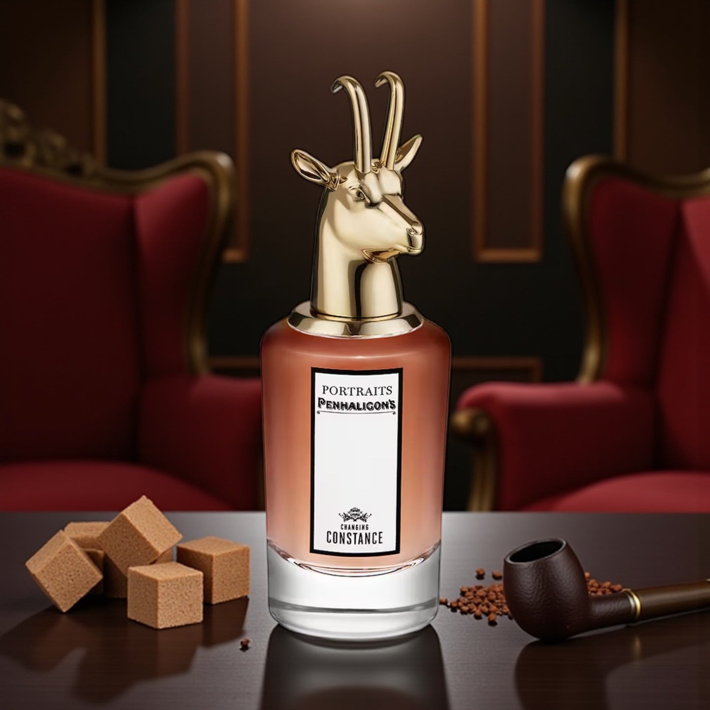 Penhaligon’s Changing Constance perfume sample – salted caramel, vanilla and tobacco notes styled in a rich, elegant setting.