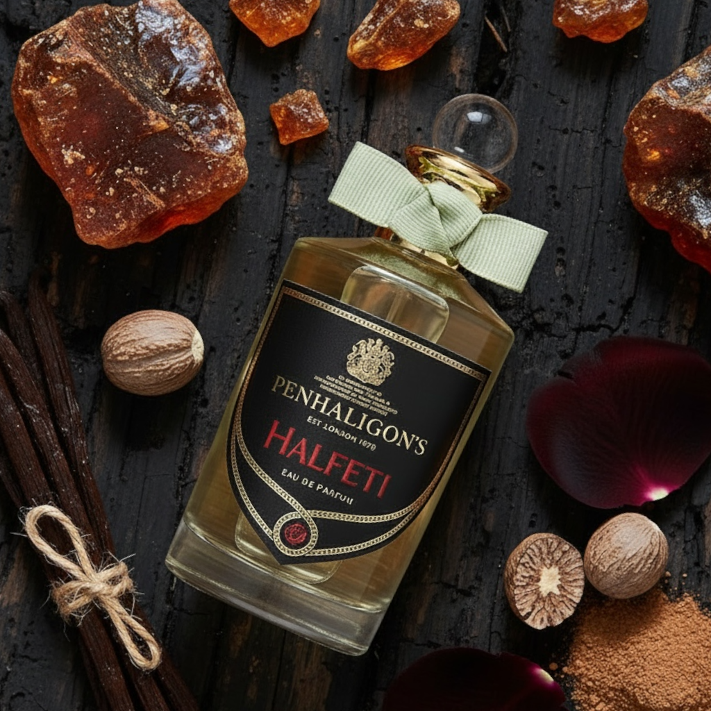 Penhaligon's Halfeti styled with dark rose petals, saffron, cardamom, oud wood and leather