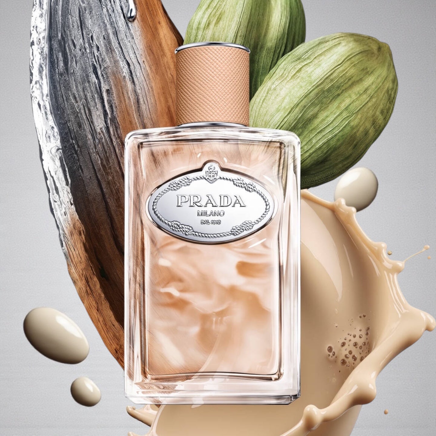 Prada Infusion de Santal Chai perfume styled in a warm setting with sandalwood, chai and cardamom