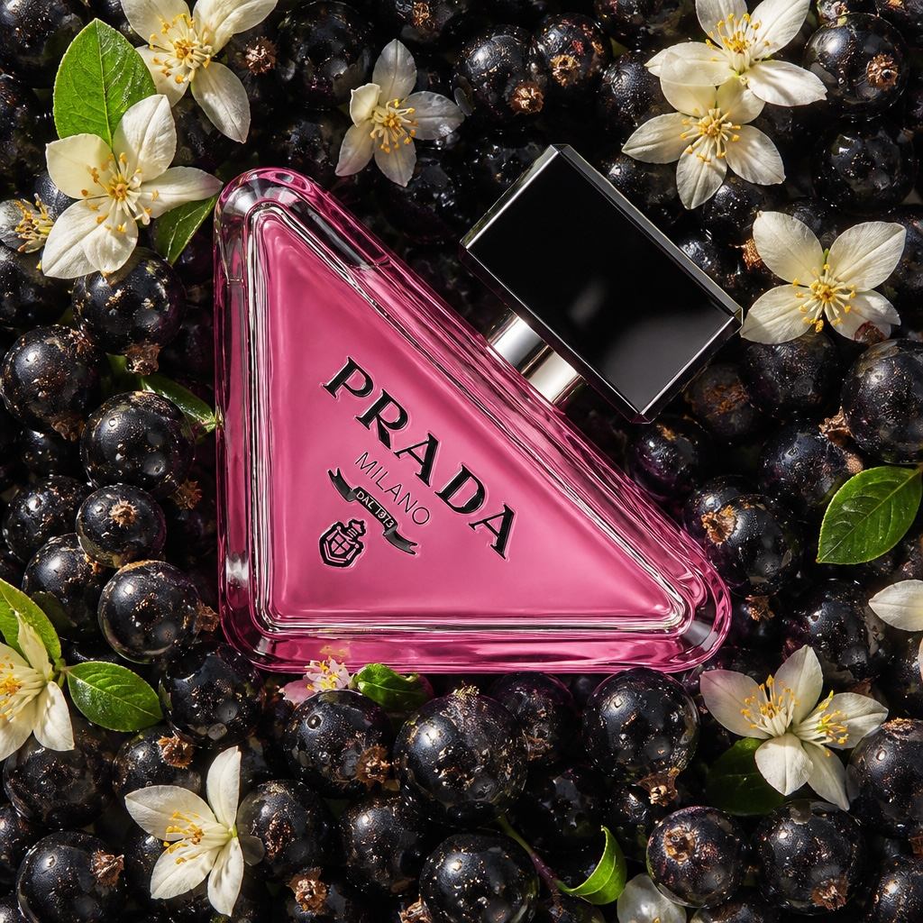 Prada Paradoxe Sweet Chemistry styled with blackcurrants, orange blossom in soft natural light