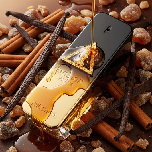 Rabanne 1 Million Night Elixir styled in a luxurious gourmand setting with drizzle maple syrup on a background of vanilla beans, cinnamon sticks, and sugar crystals.