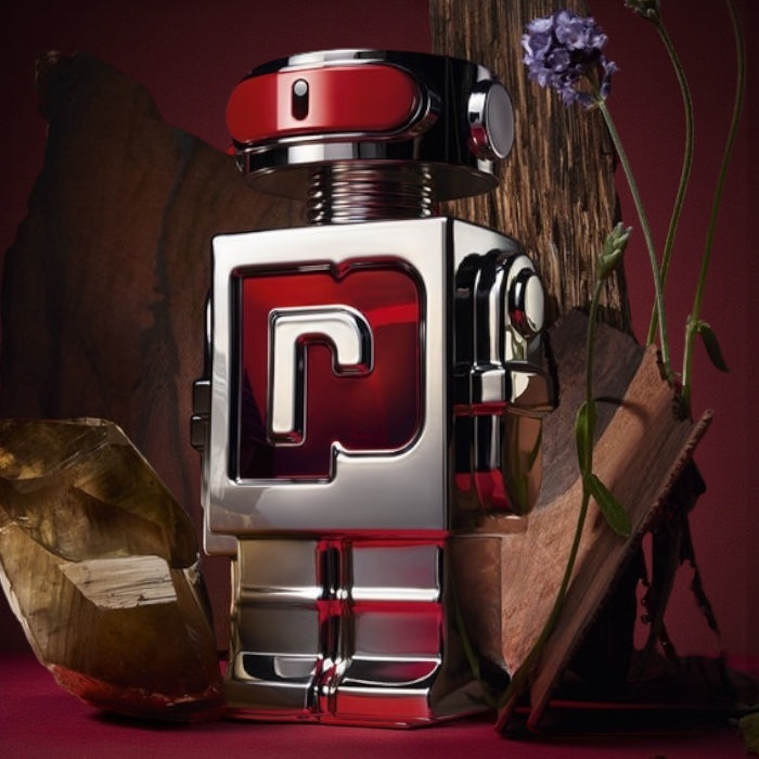 Rabanne Phantom In Red perfume sample with smoky lavender, saffron and warm amber woods, styled in deep red tones.