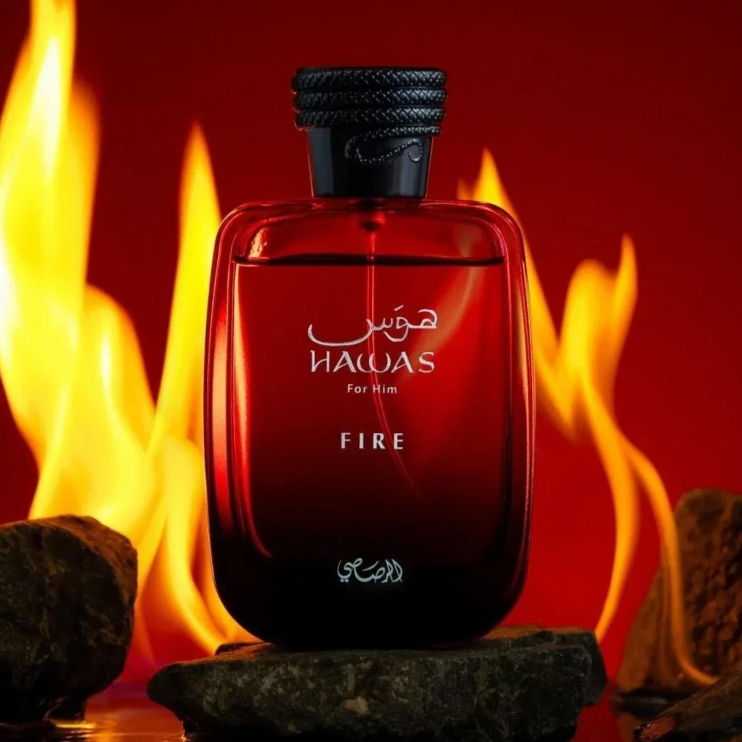 Red HAWAS for Him Fire perfume bottle with flames in the background