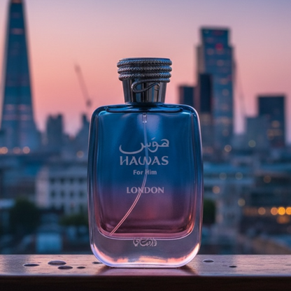 Rasasi Hawas London perfume styled against London skyline