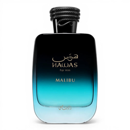Rasasi Hawas Malibu perfume bottle on white background