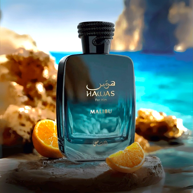 Rasasi Hawas Malibu perfume styled with citrus fruits and coastal summer tones