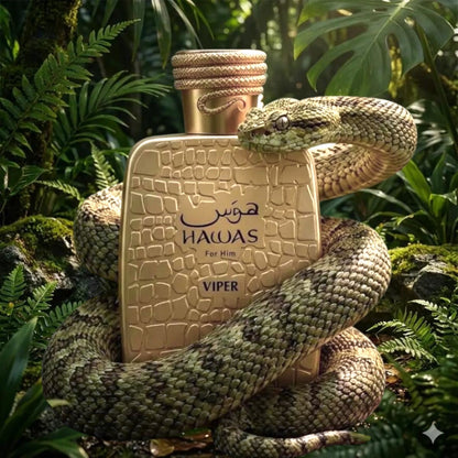 Rasasi Hawas Viper perfume styled in a lush jungle with a snake around the bottle