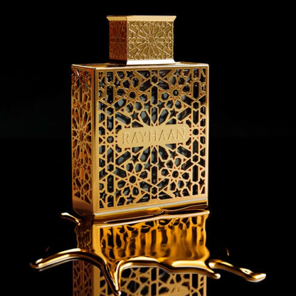 Rayhaan Elixir perfume styled with golden honey on dark background