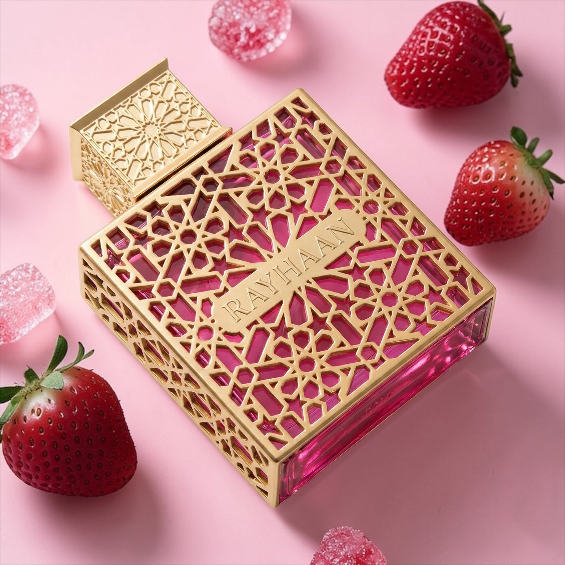 Rayhaan Kiss perfume styled with strawberries, caramel and creamy dessert notes