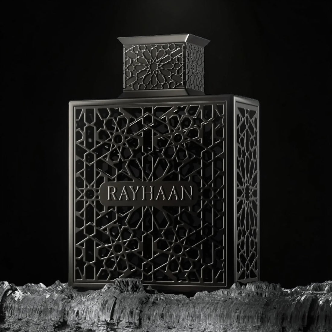 Rayhaan Obsidian perfume styled on a dark background