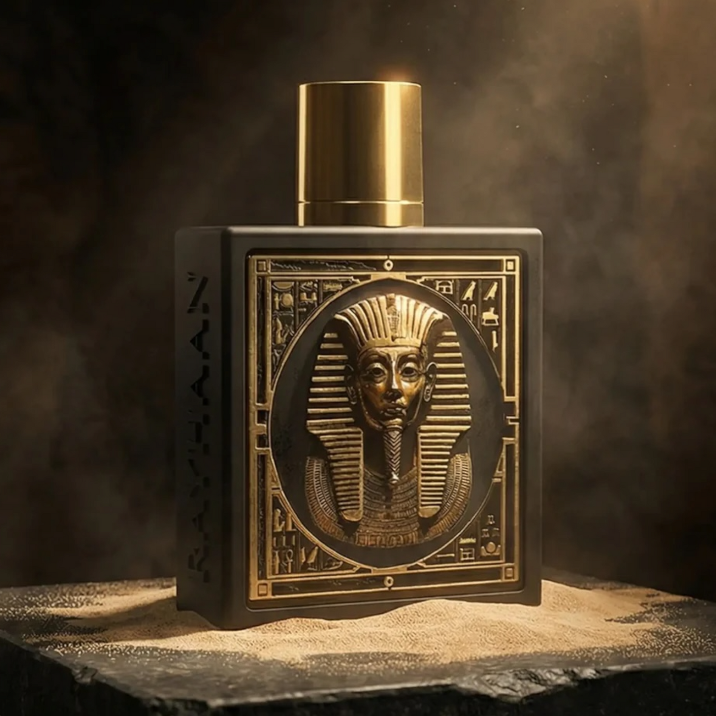 Rayhaan Pharaoh perfume styled inside a pyramind subtly lit by sunlight