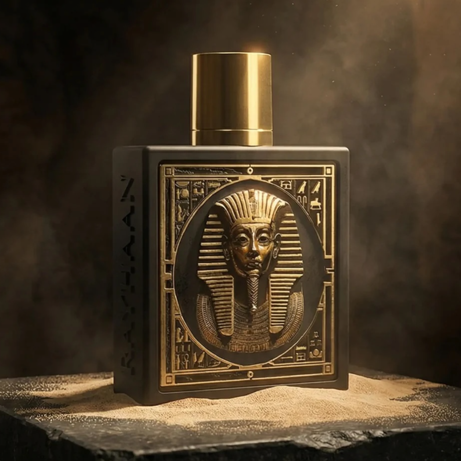 Rayhaan Pharaoh perfume styled inside a pyramind subtly lit by sunlight
