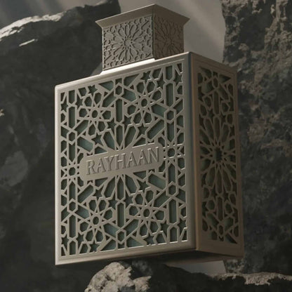 Rayhaan Terra perfume styled in a warm earthy background