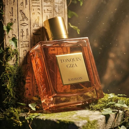 Rayhaan Tonquin Giza perfume styled in a warm, opulent setting