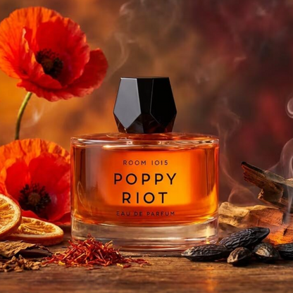 Room 1015 Poppy Riot perfume styled in an edgy, urban setting