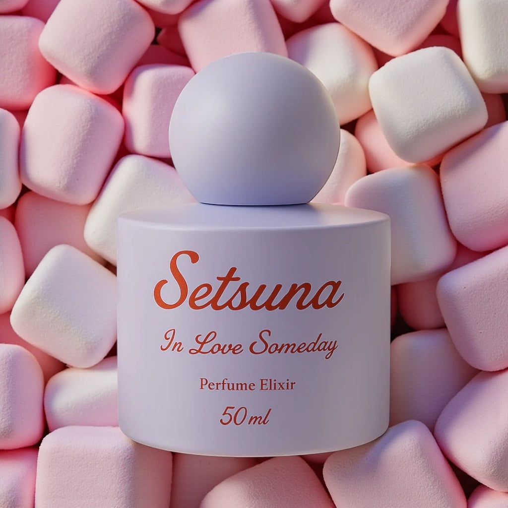Setsuna In Love Someday perfume styled in a soft, dreamy marshmallow setting