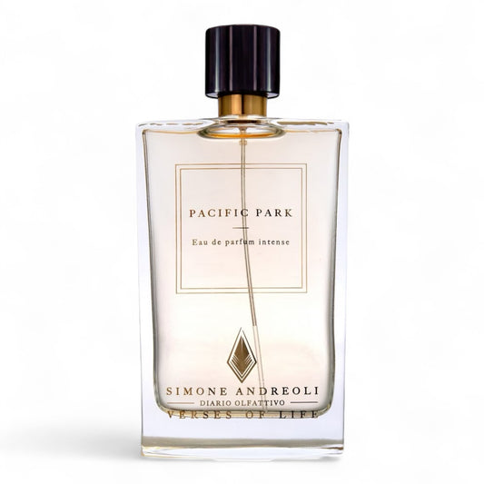 Simone Andreoli Pacific Park fragrance sample – a fruity gourmand scent with mandarin, pear, caramel and vanilla, pictured 100ml full-size bottle