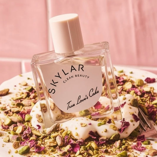 Skylar True Love's Cake styled with almond cake, caramelised pistachios, rosewater and delicate flowers