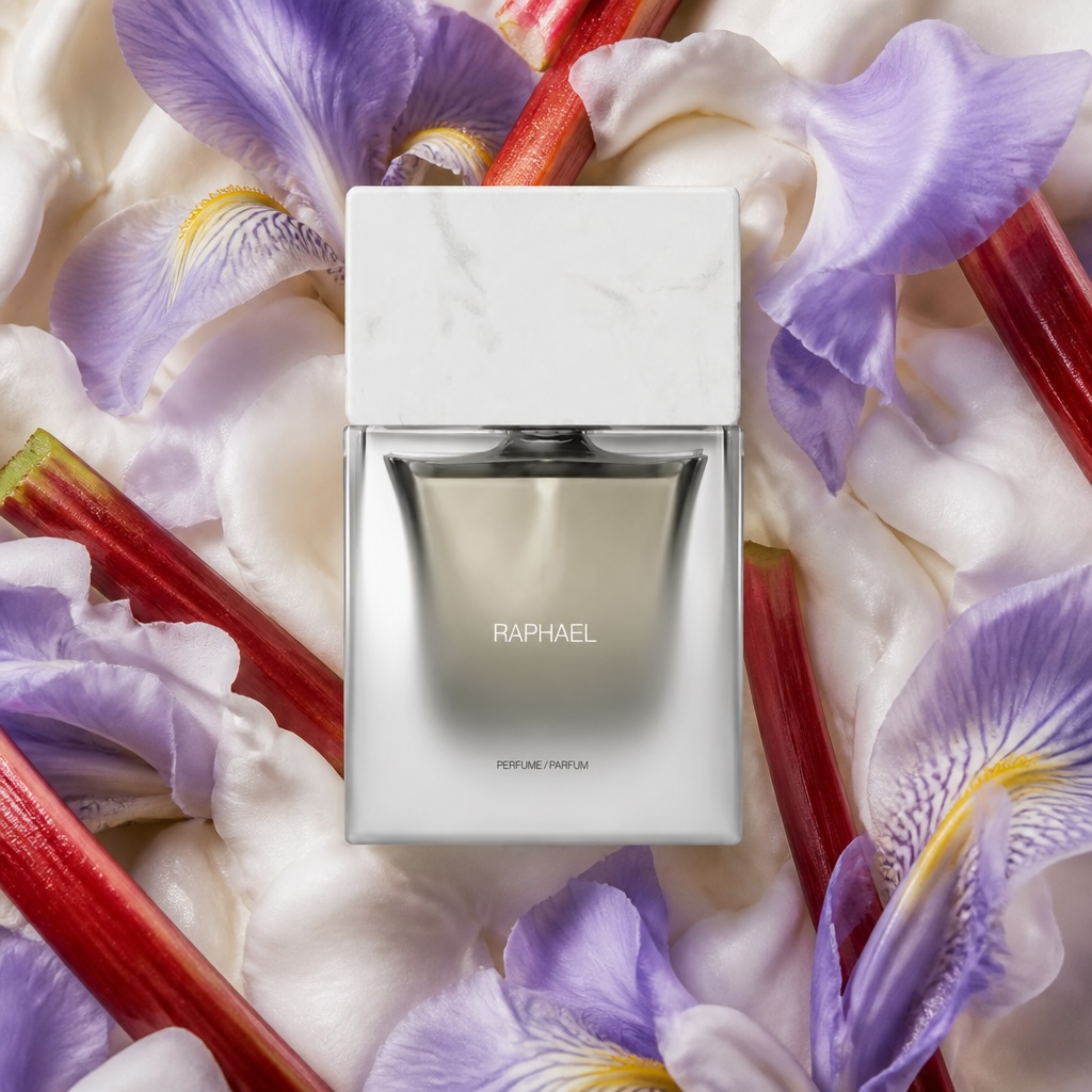 Sora Dora Raphael styled with rhubarb, iris flowers, cedar wood and soft musks