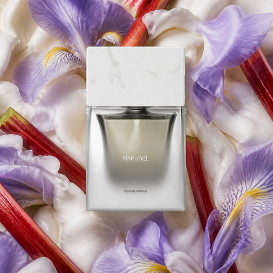 Sora Dora Raphael styled with rhubarb, iris flowers, cedar wood and soft musks