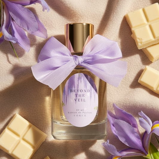 Sorce Beyond the Veil perfume styled in a soft, ethereal floral and white chocolate setting