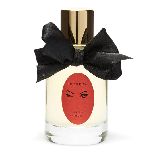 Sorce Fuckery fragrance sample – smoky gourmand scent with cherry, caramelised sugar and vanilla shown in retail bottle for decanting.