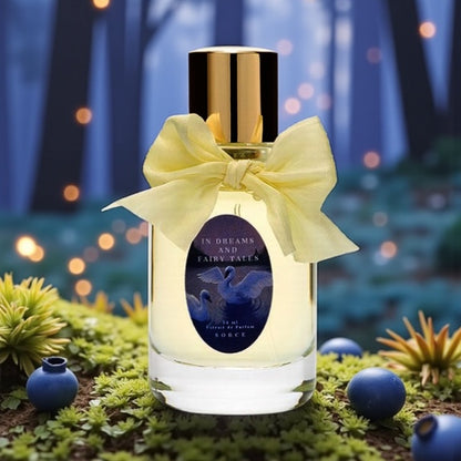 Sorce In Dreams and Fairy Tales Blueberry perfume sample styled in a dreamy, light-blue forest setting to reflect its magic and fairytale notes