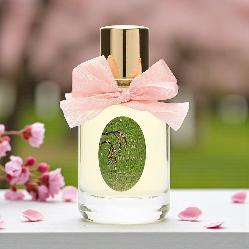 Sorce Match Made in Heaven perfume sample styled in a soft, dessert-inspired setting to highlight its matcha, vanilla and powdered sugar notes.