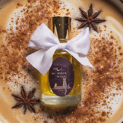 Sorce Moon Magic styled with masala chai, steamed milk, lavender and warm candlelight