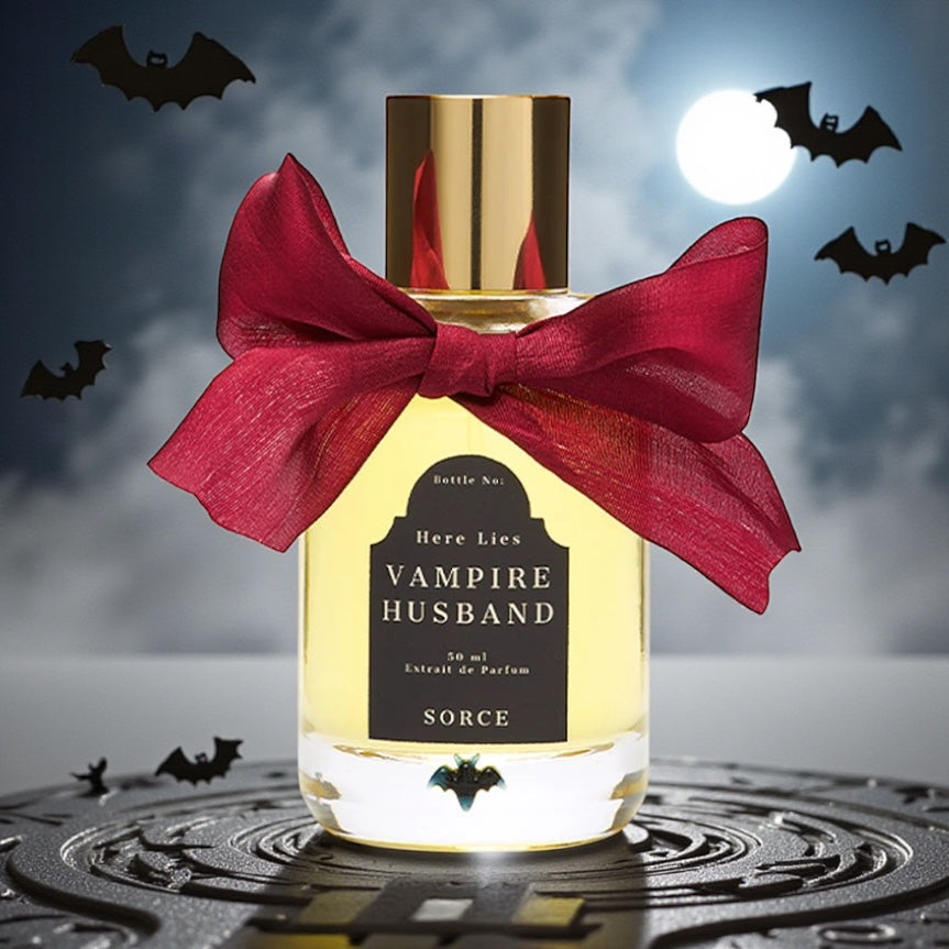 Sorce Vampire Husband perfume styled in a dark, atmospheric setting