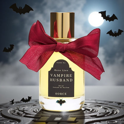 Sorce Vampire Husband perfume styled in a dark, atmospheric setting