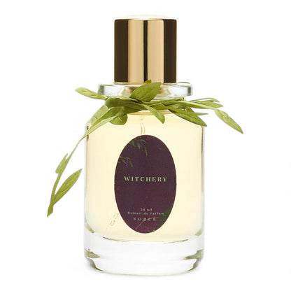 Sorce Witchery fragrance sample – floral green scent with blackberry, violets and moss shown in retail bottle for decanting.