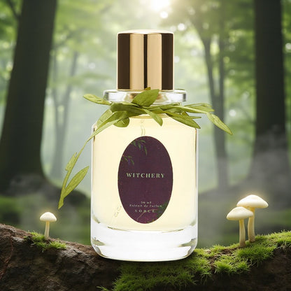 Sorce Witchery perfume sample styled in a cool forest setting to highlight its blackberry, green stems and earthy moss notes.