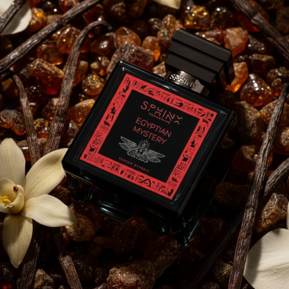 Sphinx Egyptian Mystery perfume styled in a warm, opulent setting