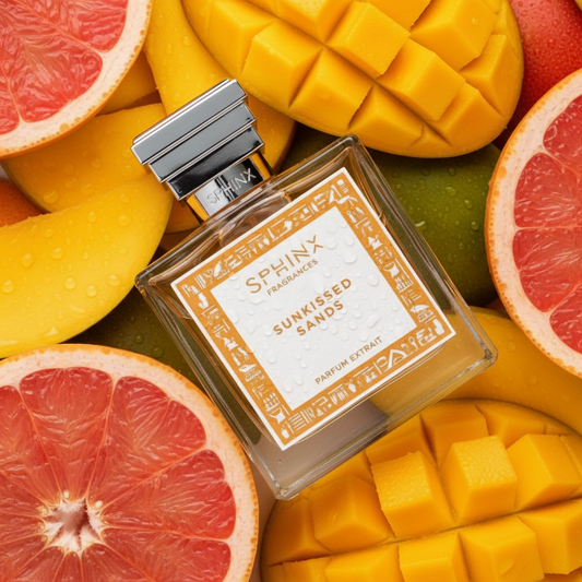 Sphinx Sunkissed Sands perfume bottle styled with sliced mangoes and grapefruits.