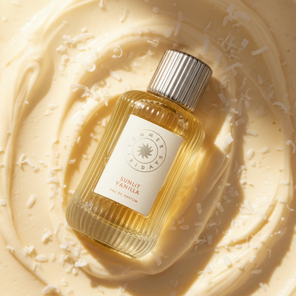 Summer Fridays Sunlit Vanilla perfume styled in a warm vanilla cream and coconut sunlit setting