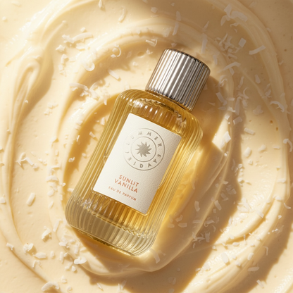 Summer Fridays Sunlit Vanilla perfume styled in a warm vanilla cream and coconut sunlit setting