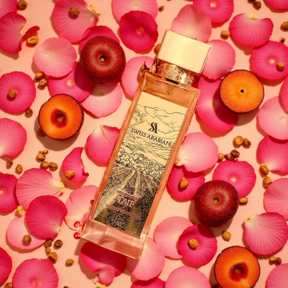 Swiss Arabian Enigma of Taif perfume sample – Taif rose, saffron, and amber notes styled in a rich, moody setting.