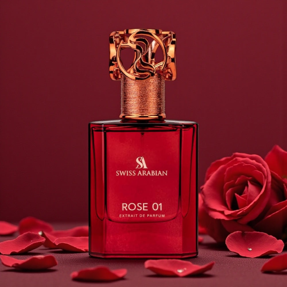 Swiss Arabian Rose 01 perfume sample styled with soft florals and lychee accents in a warm romantic setting.