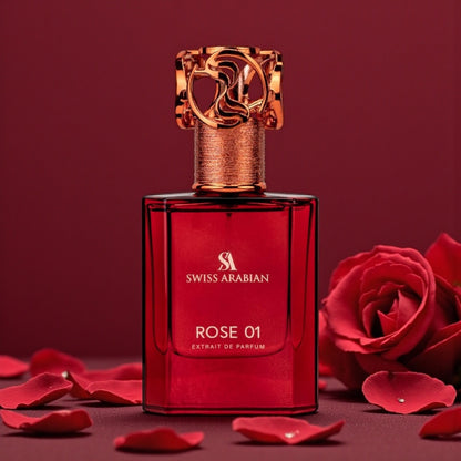 Swiss Arabian Rose 01 perfume sample styled with soft florals and lychee accents in a warm romantic setting.