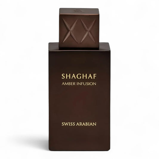 Swiss Arabian Shaghaf Amber Infusion fragrance sample – retail bottle shown for decanting into 1ml–10ml samples.
