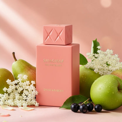 Swiss Arabian Shaghaf Nectar Blush perfume styled with pear and white flowers