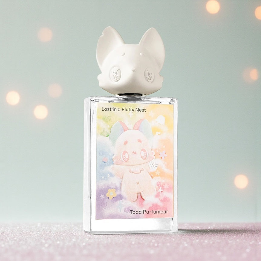 Tada Parfumeur Lost in a Fluffy Nest perfume styled in a soft, whimsical setting