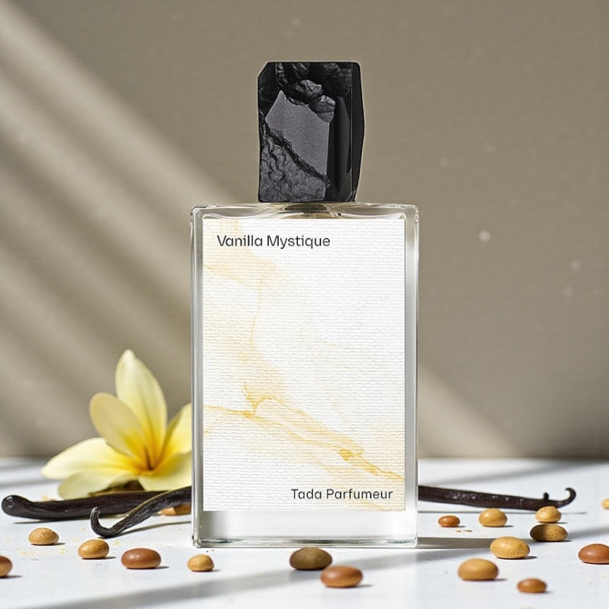 Tada Parfumeur Vanilla Mystique perfume styled in a warm, elegant setting