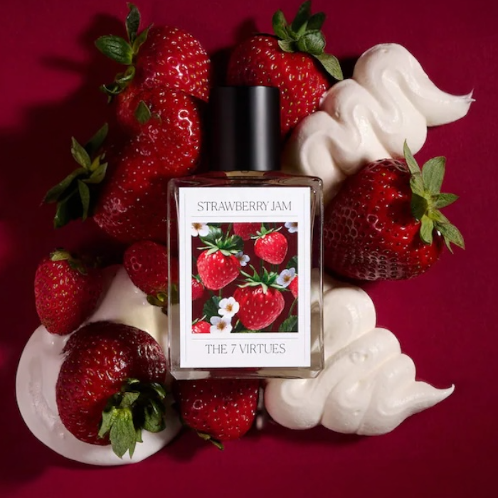 The 7 Virtues Strawberry Jam perfume styled with fresh strawberries and vanilla