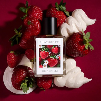 The 7 Virtues Strawberry Jam perfume styled with fresh strawberries and vanilla