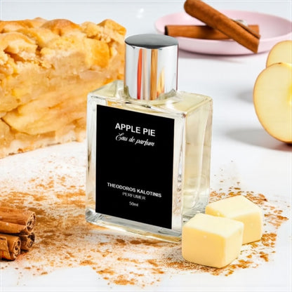 Theodoros Kalotinis Apple Pie perfume sample – baked apple, vanilla, and cinnamon notes styled in a warm, dessert-inspired setting.