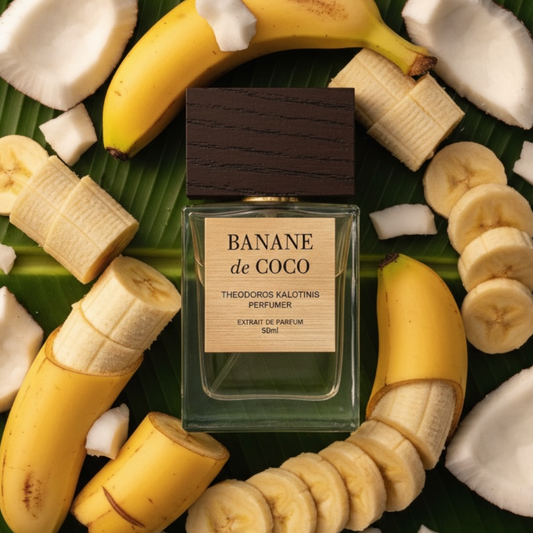 A 50ml bottle of 'Banane de Coco' perfume by Theodoros Kalottinis, styled in a flat-lay with sliced bananas, coconut pieces, and green banana leaves around the bottle.