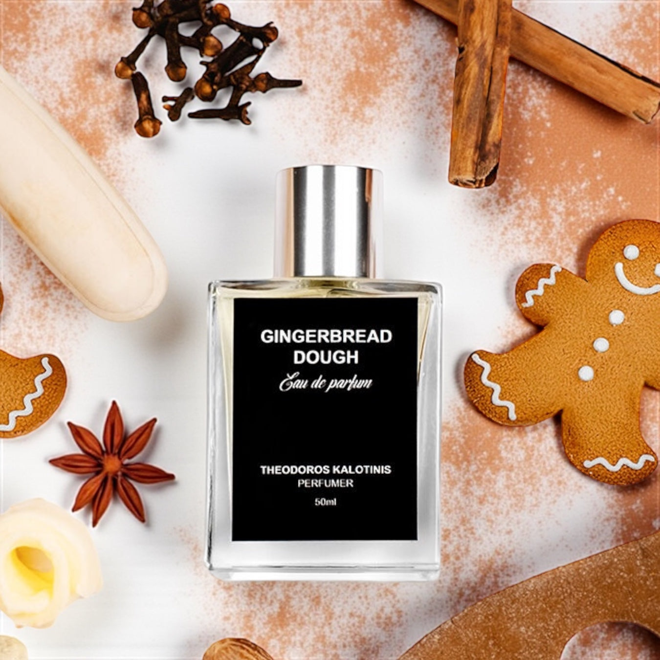 Theodoros Kalotinis Gingerbread Dough perfume sample – warm ginger, brown sugar, and vanilla notes styled in a festive, cozy kitchen setting.