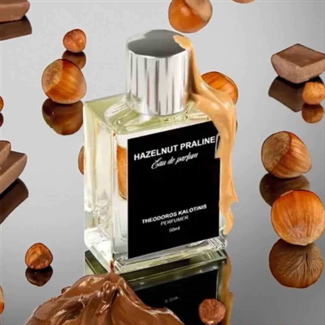 Theodoros Kalotinis Hazelnut Praline perfume sample – roasted hazelnut and chocolate praline notes styled in a warm, golden dessert-inspired setting.